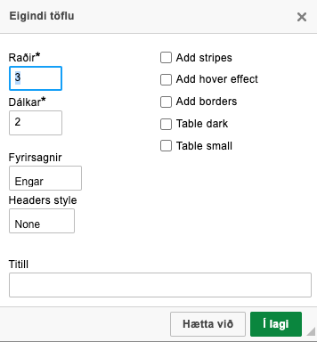 Stillingar fyrir töflu í Drupal